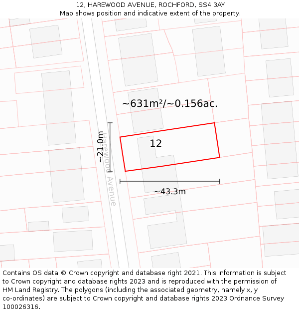 12, HAREWOOD AVENUE, ROCHFORD, SS4 3AY: Plot and title map