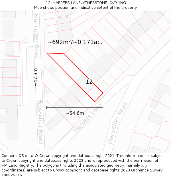 12, HARPERS LANE, ATHERSTONE, CV9 1NG: Plot and title map