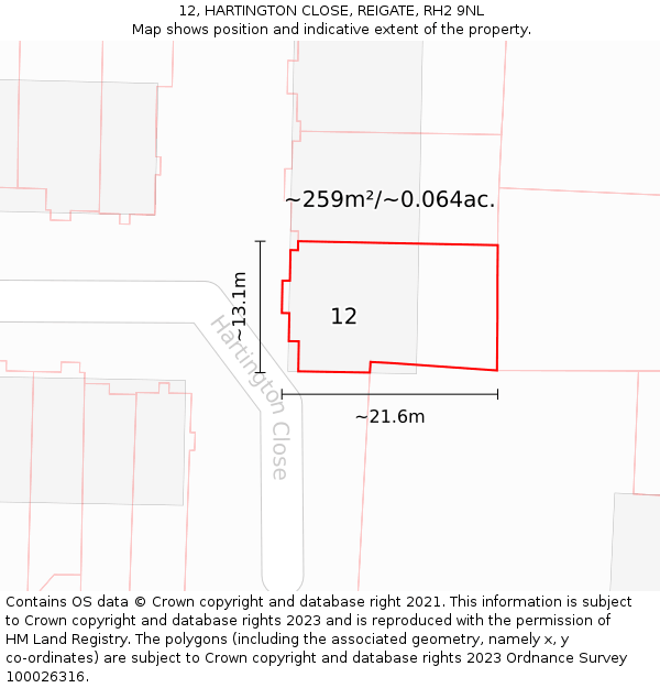 12, HARTINGTON CLOSE, REIGATE, RH2 9NL: Plot and title map