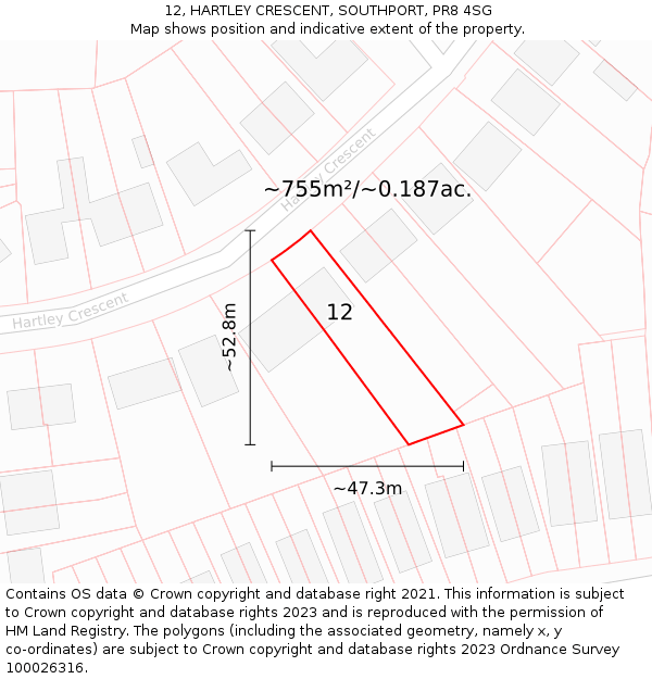 12, HARTLEY CRESCENT, SOUTHPORT, PR8 4SG: Plot and title map