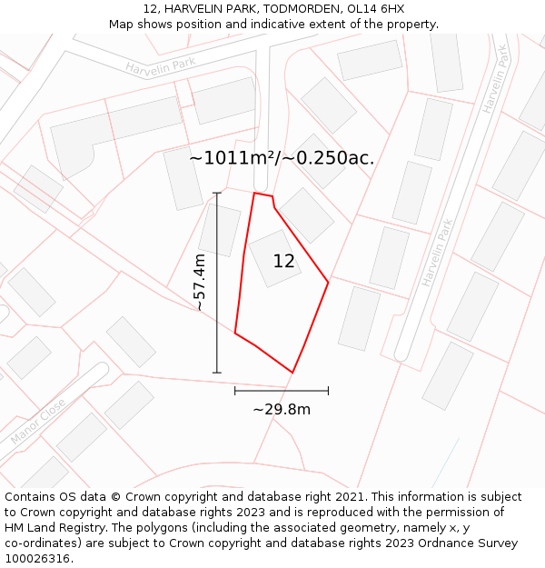 12, HARVELIN PARK, TODMORDEN, OL14 6HX: Plot and title map