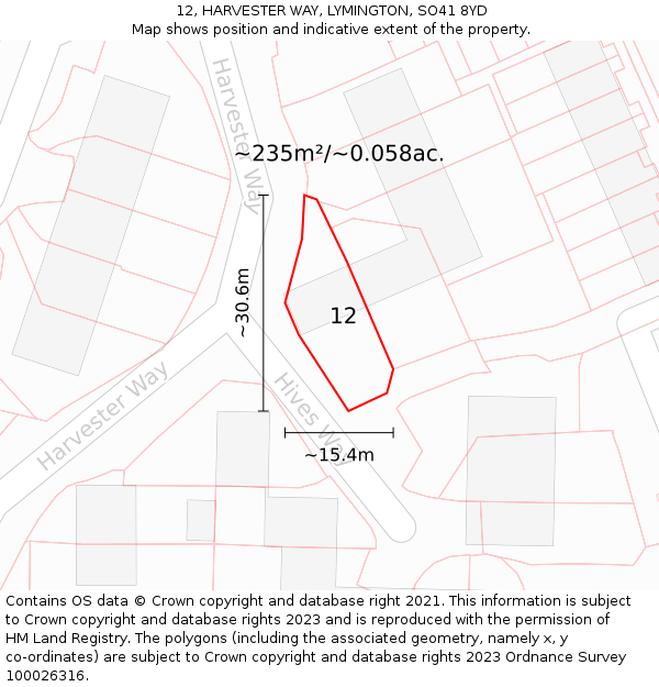 12, HARVESTER WAY, LYMINGTON, SO41 8YD: Plot and title map