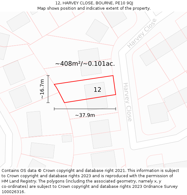 12, HARVEY CLOSE, BOURNE, PE10 9QJ: Plot and title map