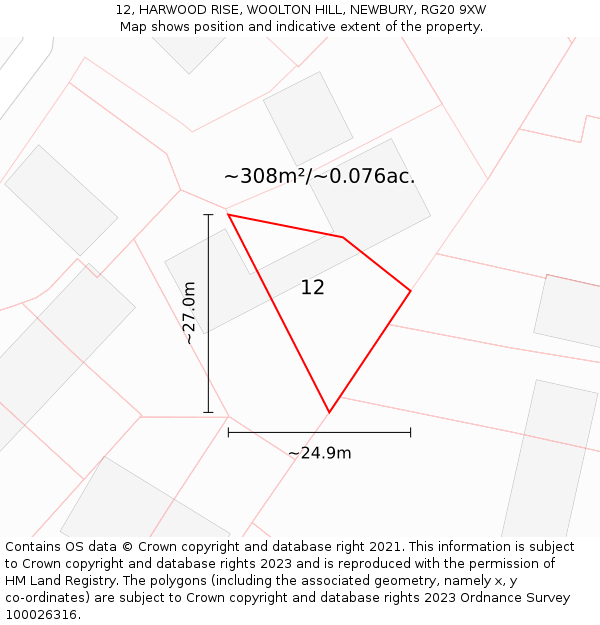 12, HARWOOD RISE, WOOLTON HILL, NEWBURY, RG20 9XW: Plot and title map