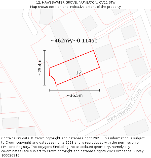 12, HAWESWATER GROVE, NUNEATON, CV11 6TW: Plot and title map