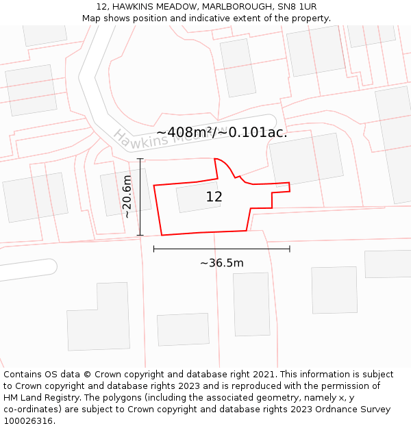 12, HAWKINS MEADOW, MARLBOROUGH, SN8 1UR: Plot and title map