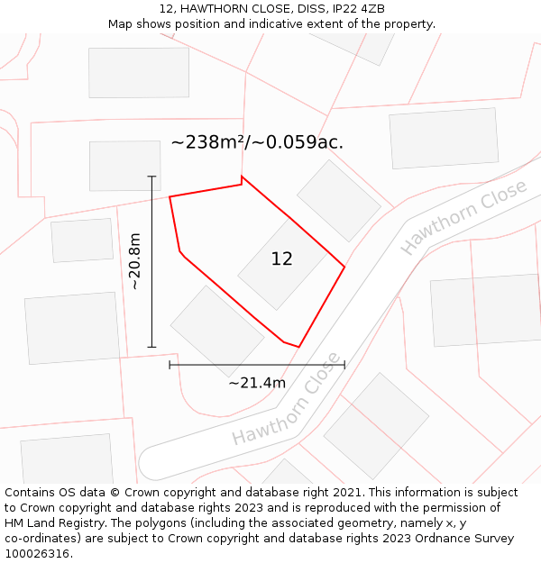 12, HAWTHORN CLOSE, DISS, IP22 4ZB: Plot and title map