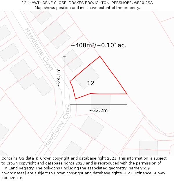 12, HAWTHORNE CLOSE, DRAKES BROUGHTON, PERSHORE, WR10 2SA: Plot and title map