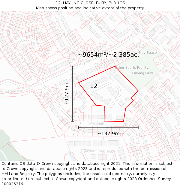 12, HAYLING CLOSE, BURY, BL8 1GS: Plot and title map