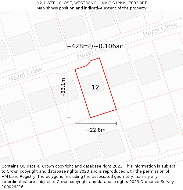 12, HAZEL CLOSE, WEST WINCH, KING'S LYNN, PE33 0PT: Plot and title map