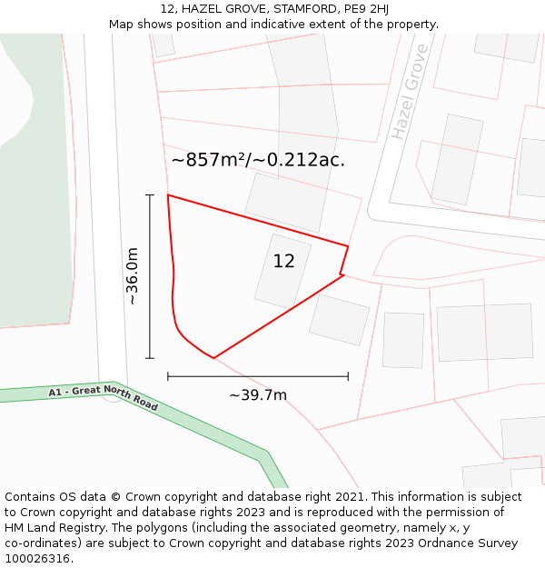 12, HAZEL GROVE, STAMFORD, PE9 2HJ: Plot and title map