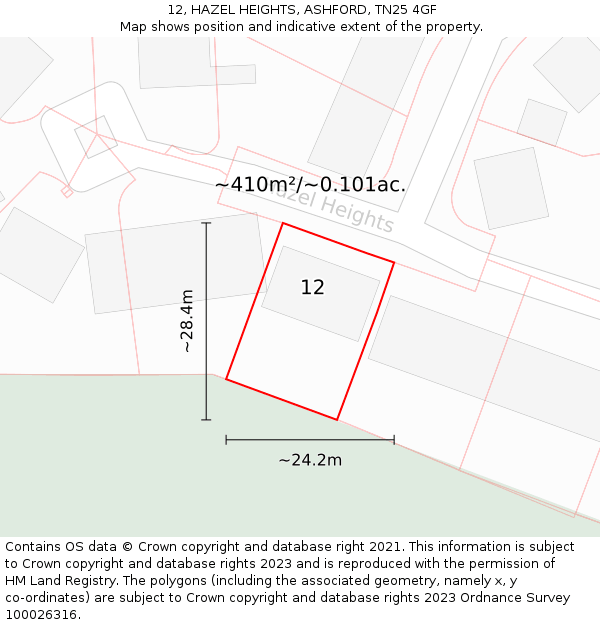 12, HAZEL HEIGHTS, ASHFORD, TN25 4GF: Plot and title map