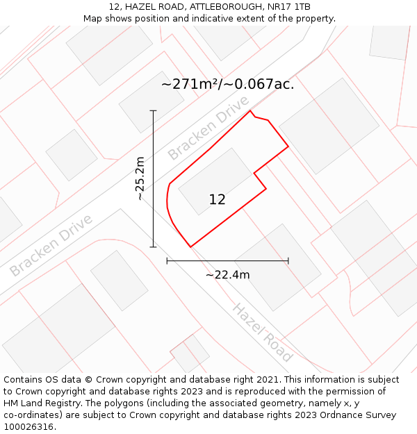 12, HAZEL ROAD, ATTLEBOROUGH, NR17 1TB: Plot and title map