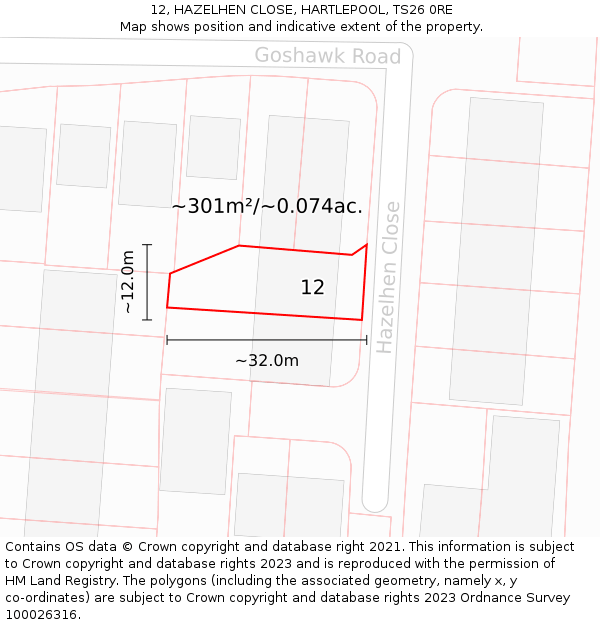 12, HAZELHEN CLOSE, HARTLEPOOL, TS26 0RE: Plot and title map