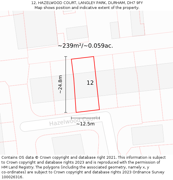 12, HAZELWOOD COURT, LANGLEY PARK, DURHAM, DH7 9FY: Plot and title map