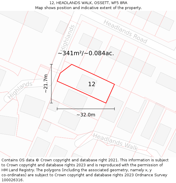 12, HEADLANDS WALK, OSSETT, WF5 8RA: Plot and title map