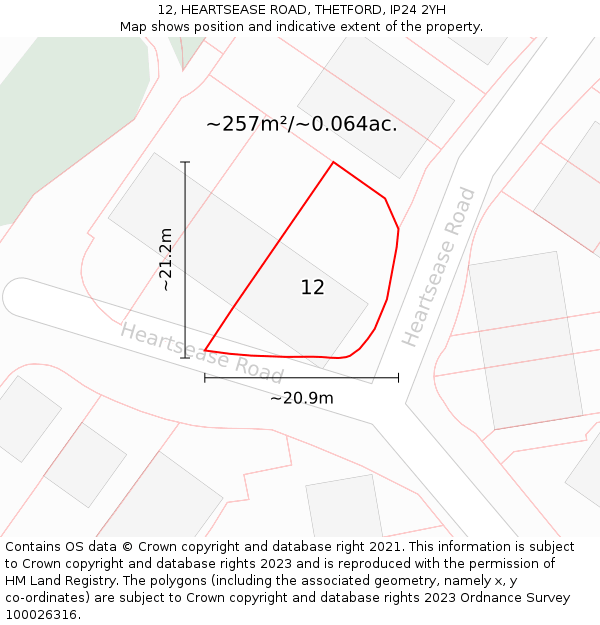 12, HEARTSEASE ROAD, THETFORD, IP24 2YH: Plot and title map