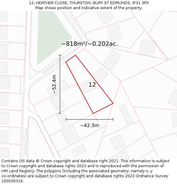 12, HEATHER CLOSE, THURSTON, BURY ST EDMUNDS, IP31 3PX: Plot and title map