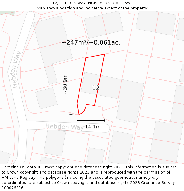 12, HEBDEN WAY, NUNEATON, CV11 6WL: Plot and title map