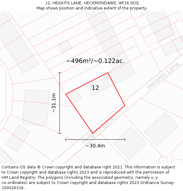 12, HEIGHTS LANE, HECKMONDWIKE, WF16 0DQ: Plot and title map