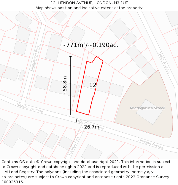 12, HENDON AVENUE, LONDON, N3 1UE: Plot and title map