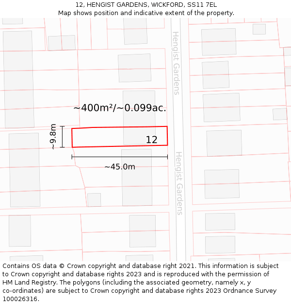 12, HENGIST GARDENS, WICKFORD, SS11 7EL: Plot and title map