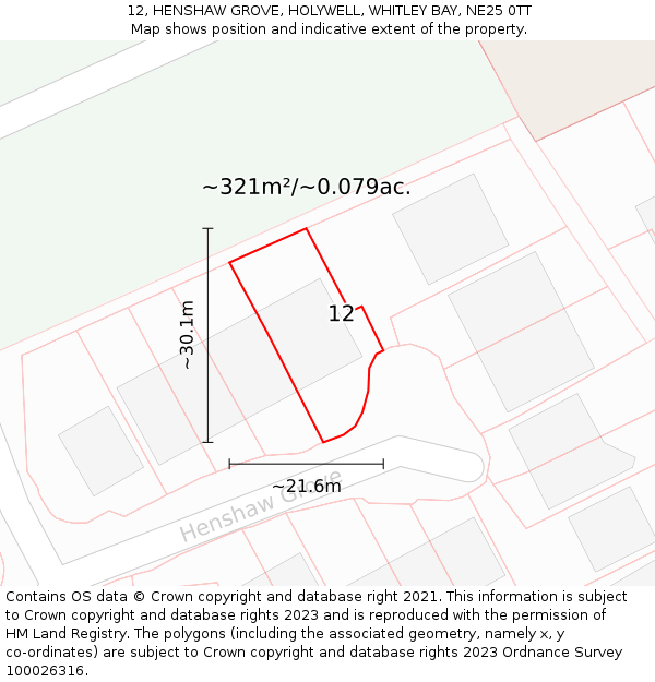 12, HENSHAW GROVE, HOLYWELL, WHITLEY BAY, NE25 0TT: Plot and title map