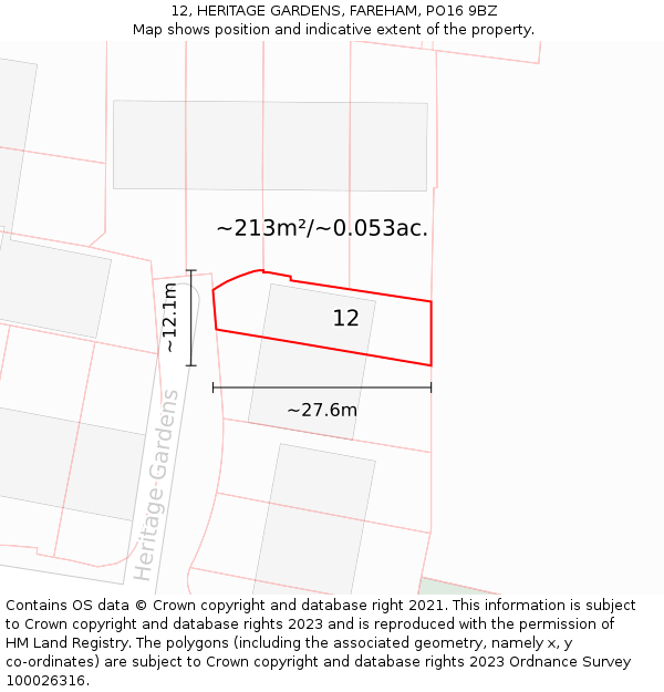 12, HERITAGE GARDENS, FAREHAM, PO16 9BZ: Plot and title map