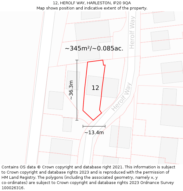 12, HEROLF WAY, HARLESTON, IP20 9QA: Plot and title map