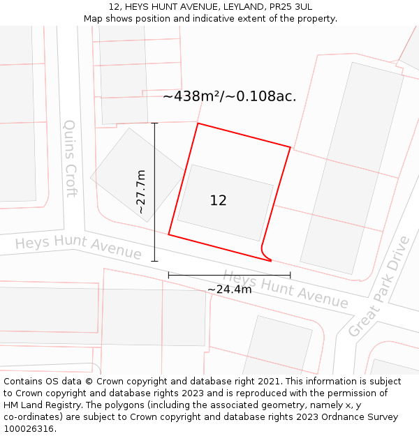 12, HEYS HUNT AVENUE, LEYLAND, PR25 3UL: Plot and title map