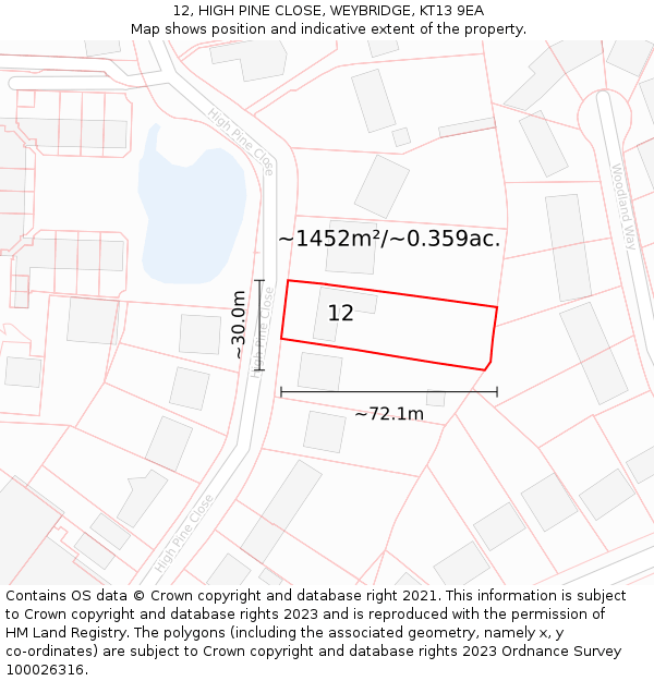12, HIGH PINE CLOSE, WEYBRIDGE, KT13 9EA: Plot and title map