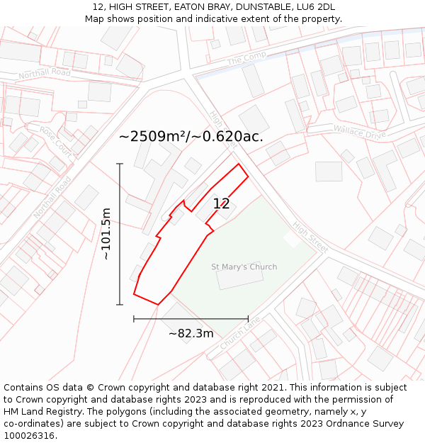 12, HIGH STREET, EATON BRAY, DUNSTABLE, LU6 2DL: Plot and title map