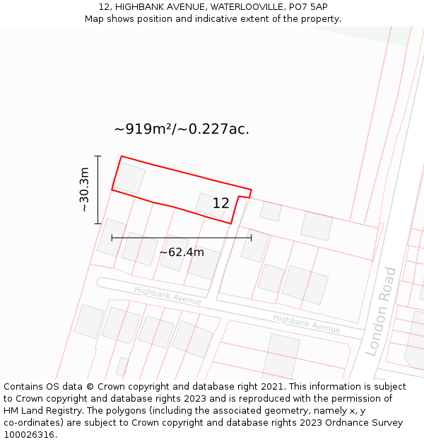 12, HIGHBANK AVENUE, WATERLOOVILLE, PO7 5AP: Plot and title map