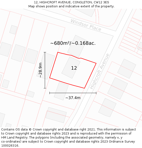 12, HIGHCROFT AVENUE, CONGLETON, CW12 3ES: Plot and title map