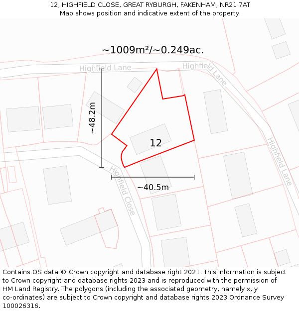 12, HIGHFIELD CLOSE, GREAT RYBURGH, FAKENHAM, NR21 7AT: Plot and title map