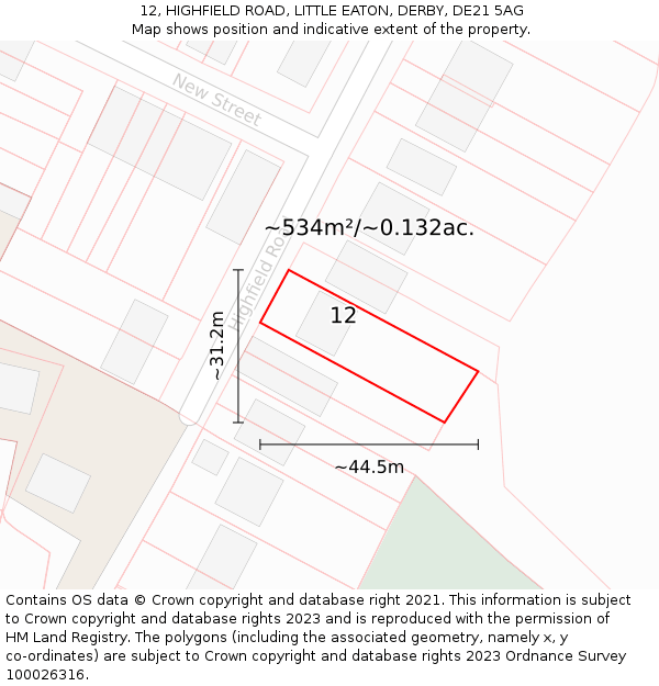 12, HIGHFIELD ROAD, LITTLE EATON, DERBY, DE21 5AG: Plot and title map