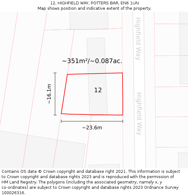 12, HIGHFIELD WAY, POTTERS BAR, EN6 1UN: Plot and title map