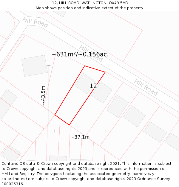 12, HILL ROAD, WATLINGTON, OX49 5AD: Plot and title map