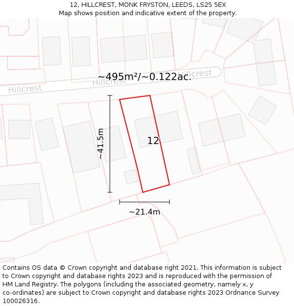 12, HILLCREST, MONK FRYSTON, LEEDS, LS25 5EX: Plot and title map