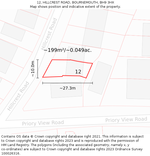 12, HILLCREST ROAD, BOURNEMOUTH, BH9 3HX: Plot and title map