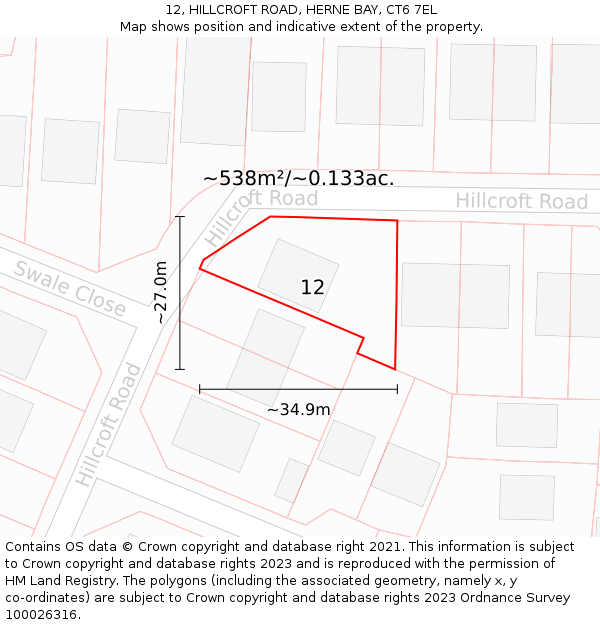 12, HILLCROFT ROAD, HERNE BAY, CT6 7EL: Plot and title map