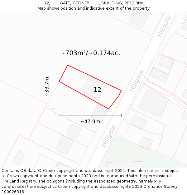 12, HILLGATE, GEDNEY HILL, SPALDING, PE12 0NN: Plot and title map