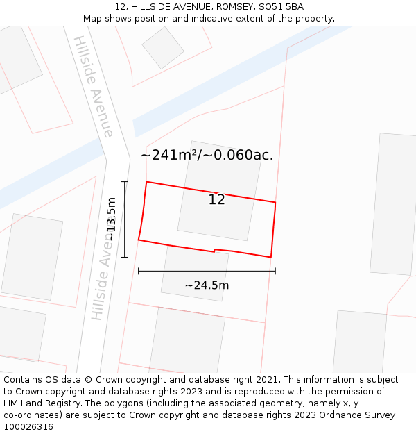 12, HILLSIDE AVENUE, ROMSEY, SO51 5BA: Plot and title map