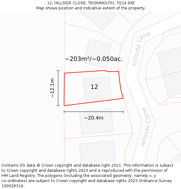 12, HILLSIDE CLOSE, TEIGNMOUTH, TQ14 9XE: Plot and title map
