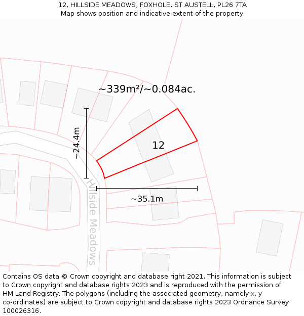 12, HILLSIDE MEADOWS, FOXHOLE, ST AUSTELL, PL26 7TA: Plot and title map