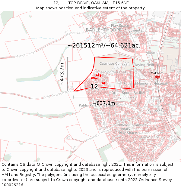 12, HILLTOP DRIVE, OAKHAM, LE15 6NF: Plot and title map