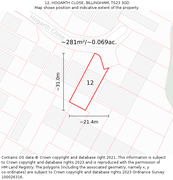 12, HOGARTH CLOSE, BILLINGHAM, TS23 3GD: Plot and title map