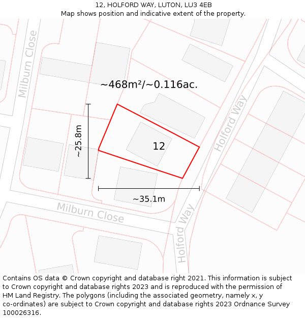 12, HOLFORD WAY, LUTON, LU3 4EB: Plot and title map