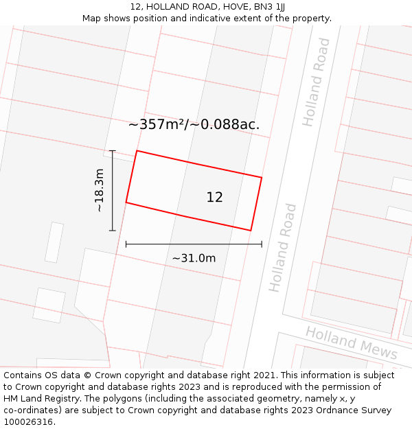 12, HOLLAND ROAD, HOVE, BN3 1JJ: Plot and title map