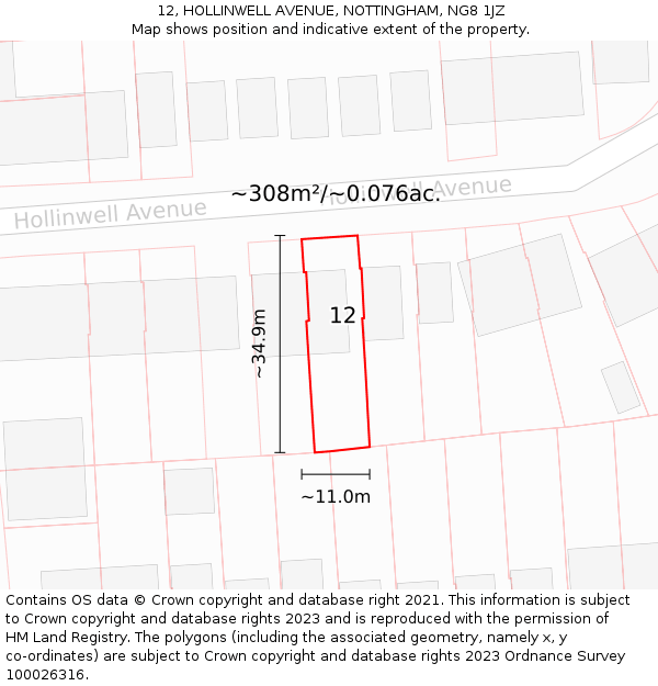 12, HOLLINWELL AVENUE, NOTTINGHAM, NG8 1JZ: Plot and title map